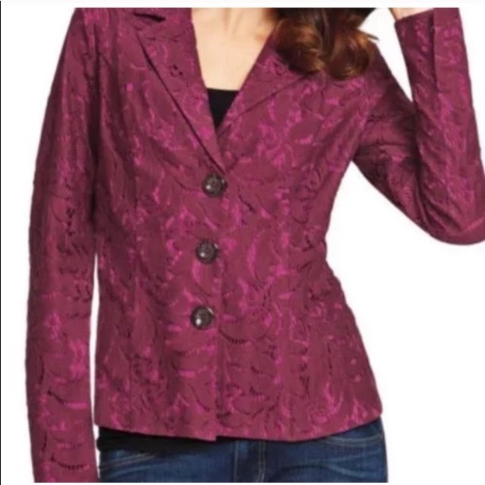 CAbi Frolic Fall Me berry lace overlay jacket